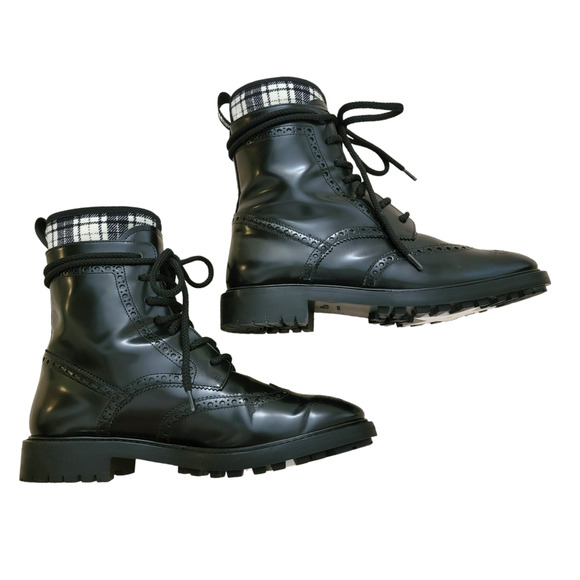 Christian Dior D Order Tartan Lace Up Black Leather Ankle Combat Boots 8.5 38.5 - Picture 1 of 14